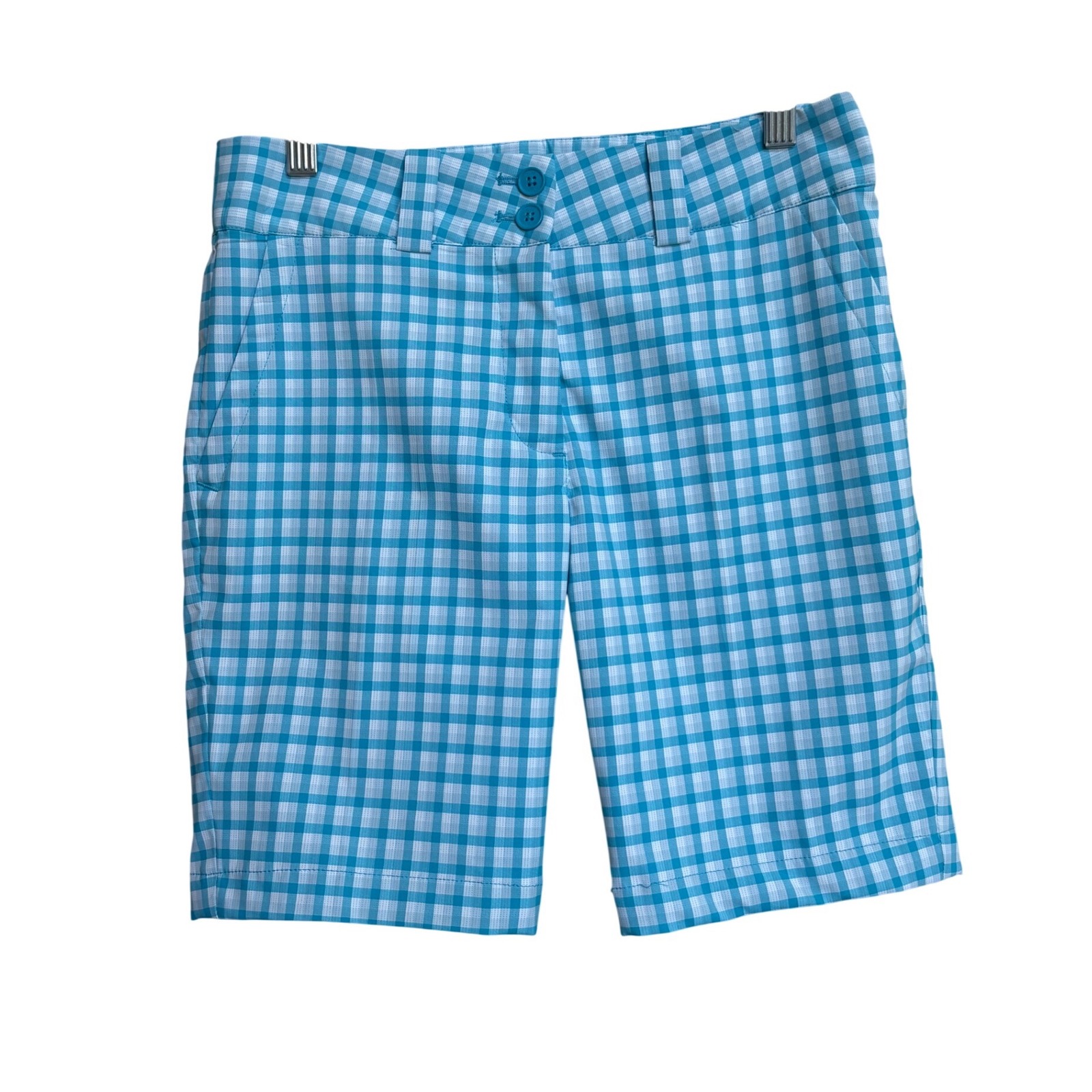 Nike Golf Dri-Fit Gingham Plaid Shorts Women 2 Blue White Check Bermuda Golf